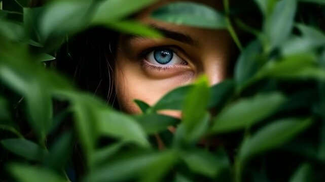 Video of woman eye peeping through lush green foliage with rain drops. Environment adventure psychology concept