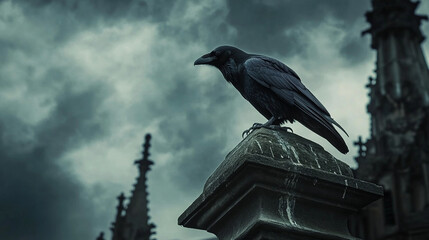 Close-up of a raven perched on a gothic spire, framed by a stormy sky.