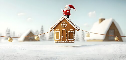 Naklejka premium Gingerbread house with Santa on snowy rooftop.
