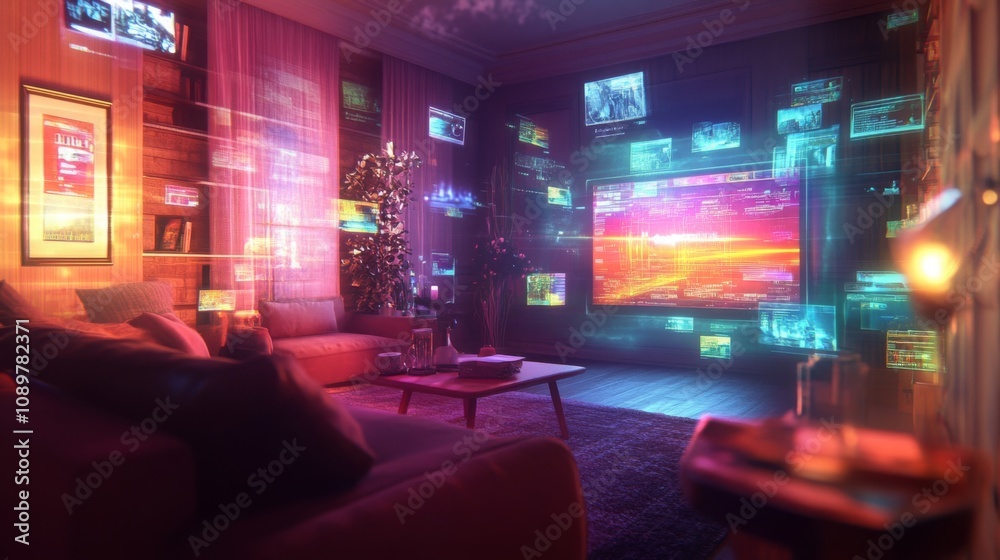 Poster a living room with a large flat screen tv on the wall. the screen is displaying an abstract design w