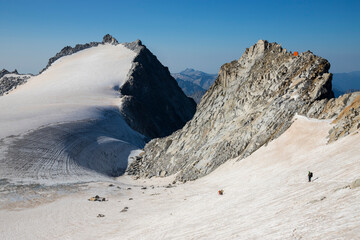 Mountain landscape during climb the summit of Adamello and view on the Italian alps, Adamello Park, Lombardy, Italy