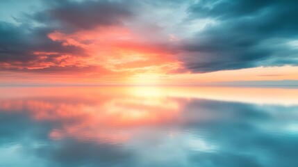 Fototapeta premium Beautiful colorful sunset sky with orange and pink dramatic clouds , sun rays over the ocean --ar 16:9 --style raw --v 6.1 Job ID: 7c55f24c-93fd-4fa2-a72e-7d51bd83c0e8