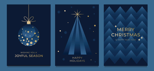 Merry Christmas and Happy New Year set of greeting cards. Template in trendy minimalist and elegant art style with Christmas tree, bauble and geometric pattern in gold and blue colors.
