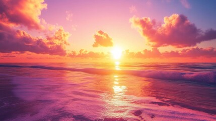 Obraz premium Beautiful colorful sunset sky with dramatic clouds and sun rays over the ocean. 