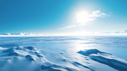 Fototapeta premium A panoramic view of the vast, icy expanse of the arctic with the sun shining brightly in the blue sky. Icy Arctic Expedition. Illustration