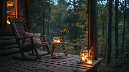 Rustic wooden cabin porch with a cozy rocking chair, a small table adorned with fresh wildflowers, and glowing candles in lanterns, surrounded by a tranquil forest setting.