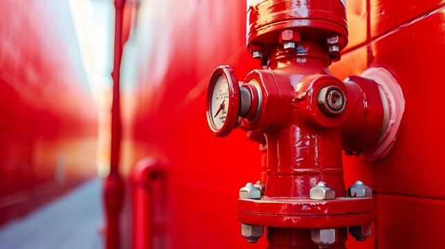 A close-up of a red fire hydrant with a pressure gauge, highlighting its industrial design and safety purpose.