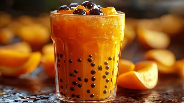 A vibrant mango bubble tea with tapioca pearls, ice cubes, and a straw, placed on a textured wooden table