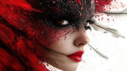 Close-up of a woman with red feathers and a black mask, looking to the side, against a white background.