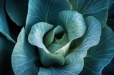 Obraz premium Close-up of an organic cabbage, focusing on the intricate patterns and textures in shades of blue-green.