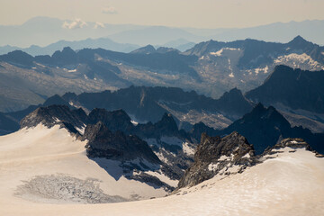 Mountain landscape frome above the summit of Adamello and view on the mountain range of Adamello Park, Italian alps, Lombardy, Italy