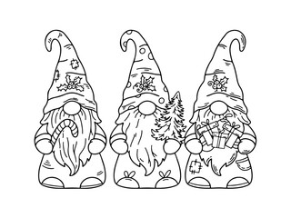 Christmas gnomes coloring book page. Merry Christmas coloring card for kids.