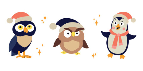 Set collection of Christmas funny cartoon birds penguin owls