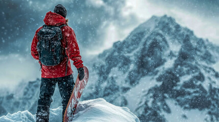 Man in red jacket snowboarding on snowy mountain top in winter wonderland