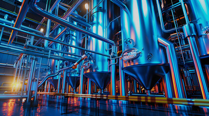 industrial factory, steel pipelines, tubes at brewery production with tools equipment, blue toned with red lights with white shades, png