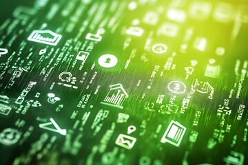 Glossy green background with white financial icons embossed faintly