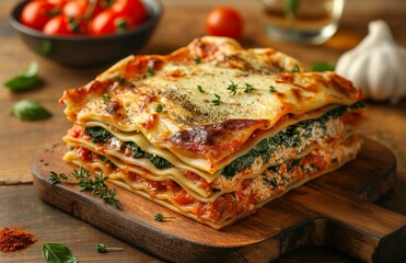 Homemade vegetarian veggie lasagna with tomato sauce and basil.