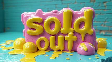 sold out, 3d text in the style of dripping liquid, pink and yellow