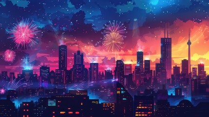 Obraz premium A vibrant cityscape silhouette with fireworks exploding in the night sky.