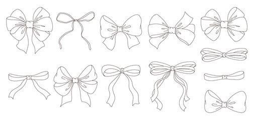 Set of sketched bow and ribbon. Hand drawn vintage line art vector illustration.