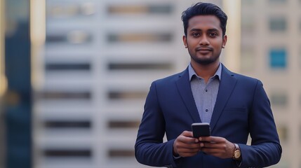 Fototapeta premium Portrait of Sri Lankan handsome businessman with smartphone outdoors in city generative ai