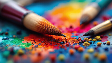 Fototapeta premium Vibrant paintbrushes with colorful pigments representing creativity on a vivid palette.