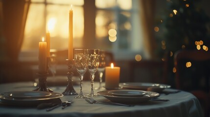 Elegant dining table for two with white tablecloth, crystal glasses, silver cutlery, and glowing candles, surrounded by soft greenery and a romantic, intimate ambiance.