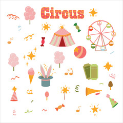 Circus. Mobile Fair. Holiday. Performance. Tricks. Attributes of a circus show. Decorations for the holiday. Vector illustration