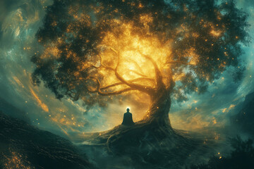 Lichtvoller Baum mit meditierender Figur im mystischen Setting

