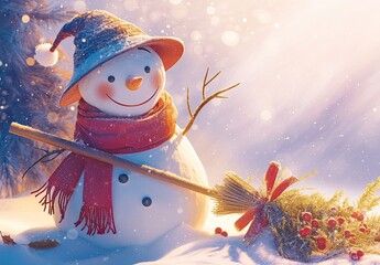 A cheerful snowman holding a broom stands ready to clean up the winter landscape, soft sunlight, ideal for holiday cards, festive banners, winter-themed designs, children’s book illustrations