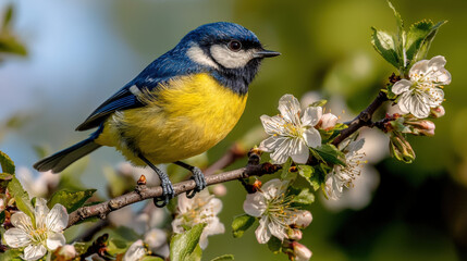 Obraz premium Blue and yellow bird perched on a blossoming branch in a serene natural setting Desktop Wallpaper 
