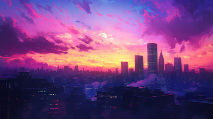 Fototapeta premium Stunning city skyline at sunset, showcasing silhouettes of skyscrapers against a vibrant, colorful sky. Urban Rooftop Skyline. Illustration