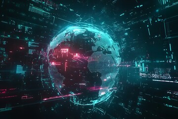 Fototapeta premium High-tech global data overlay with a vibrant digital backdrop