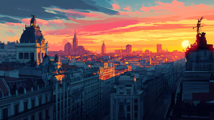 Obraz premium Madrid skyline at sunset with gran via. Urban Rooftop Skyline. Illustration