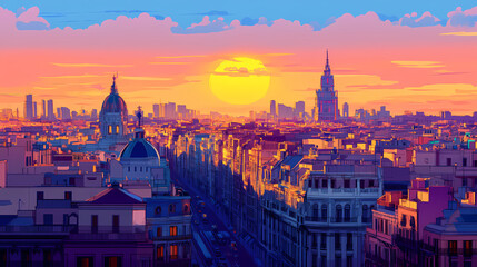 Fototapeta premium Madrid skyline at sunset with gran via. Urban Rooftop Skyline. Illustration