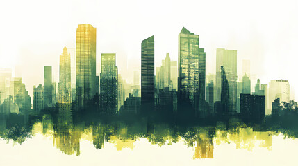 Fototapeta premium Double exposure silhouette of city view with green rooftops and buildings, sustainable urban living, vibrant palette. Urban Rooftop Skyline. Illustration