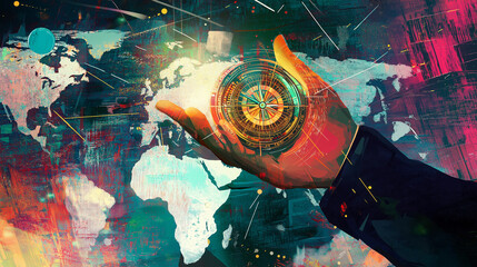 Futuristic Hand Holding Compass Against Digital World Map