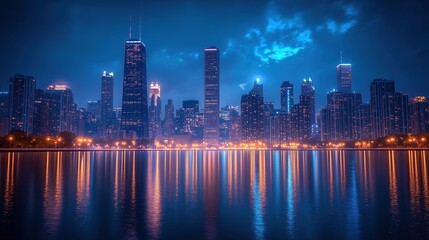 Fototapeta premium A panoramic view of an urban skyline at night, with the city lights