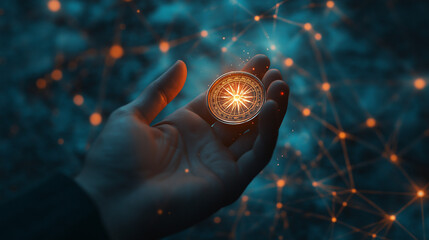 Hand Holding a Compass with Digital World Map Background