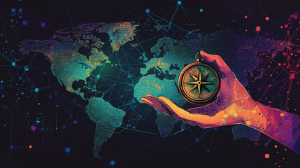 Abstract Hand Holding a Compass on Digital World Map