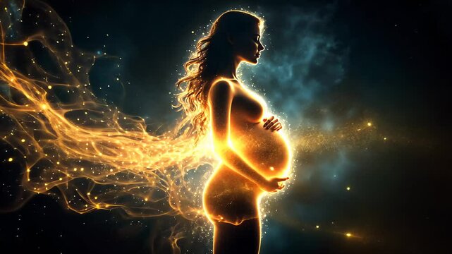 Artistic Representation of a Pregnant Woman with Fiery Aura