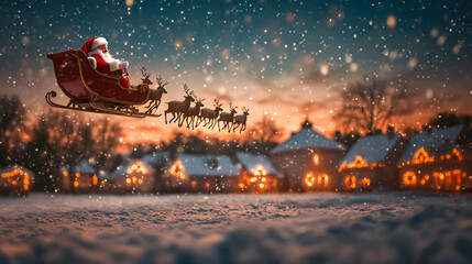 Santa flying in His Sleigh Over a Snowy Town