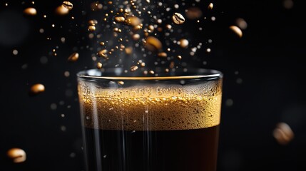 Suspended Espresso Shot Pour: Dark Liquid Stream with Crema and Floating Droplets on Black Background. High-Resolution Commercial Food Photography in Dramatic Studio Lighting.