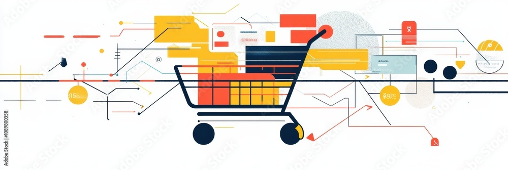 Fototapete an artistic interpretation of a shopping cart, showcasing vibrant geometric shapes and dynamic lines
