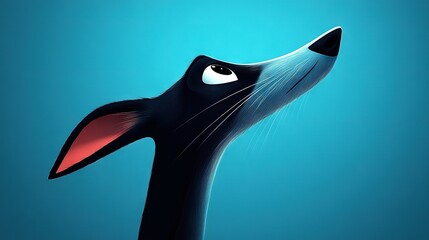   A close-up of a cat's face on a blue background, with a red dot on its nose