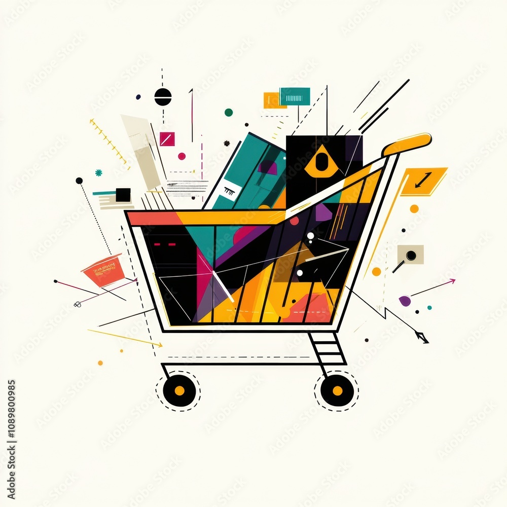 Poster dynamic arrangement of a shopping cart overflowing with geometric shapes and vibrant designs illustr