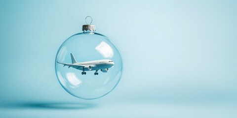 Transparent Christmas ball with airplane inside it. Ai generative art