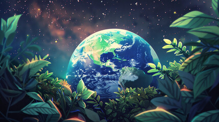 Fototapeta premium A green leafy forest with a large blue and green planet in the middle