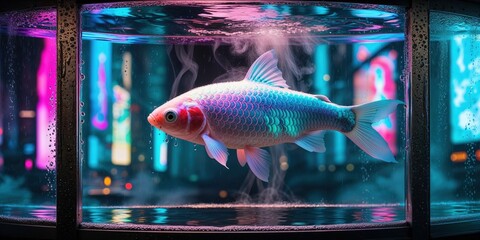 Koi Fish in Neon Cityscape Aquarium Tank