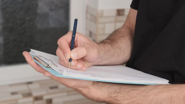 Man in a black t-shirt writes down plans on a clipboard slow motion, showcasing attention to detail on his plans on future